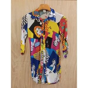 Gibiu USA Pop Art Print Button Down Shirt Dress Retro Comic Graphic Multi Small